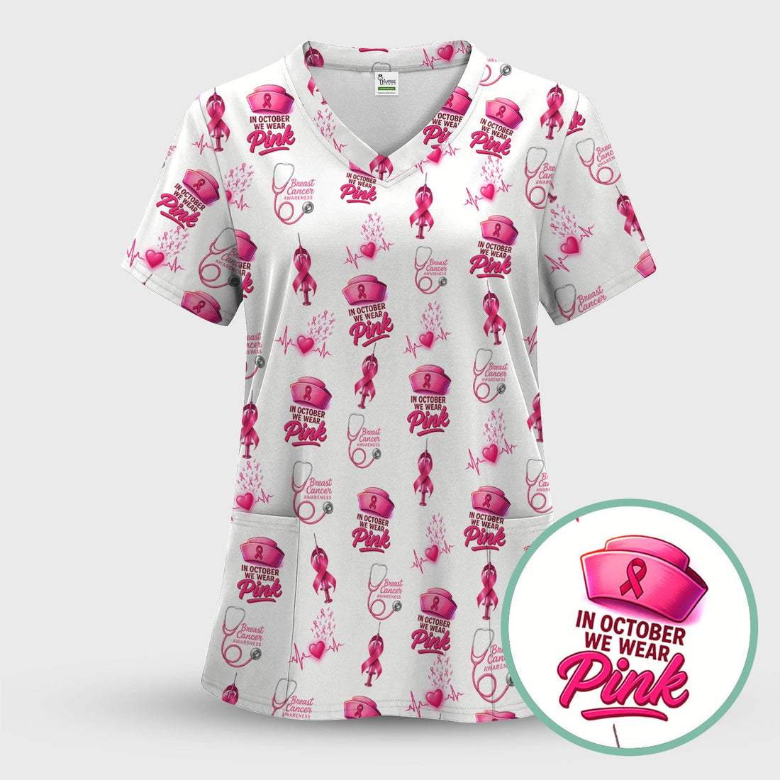 Breast Cancer Awareness Pink Nurse Scrub Top