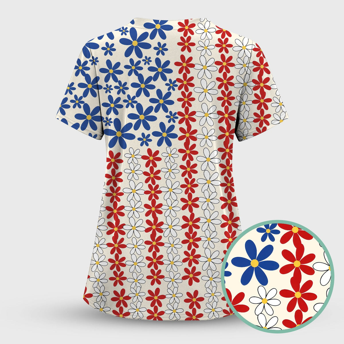 Retro Red Blue Daisy Nurse Scrub Top