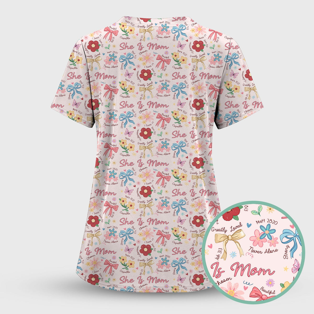 She Is Mom Floral Bow Nurse Scrub Top