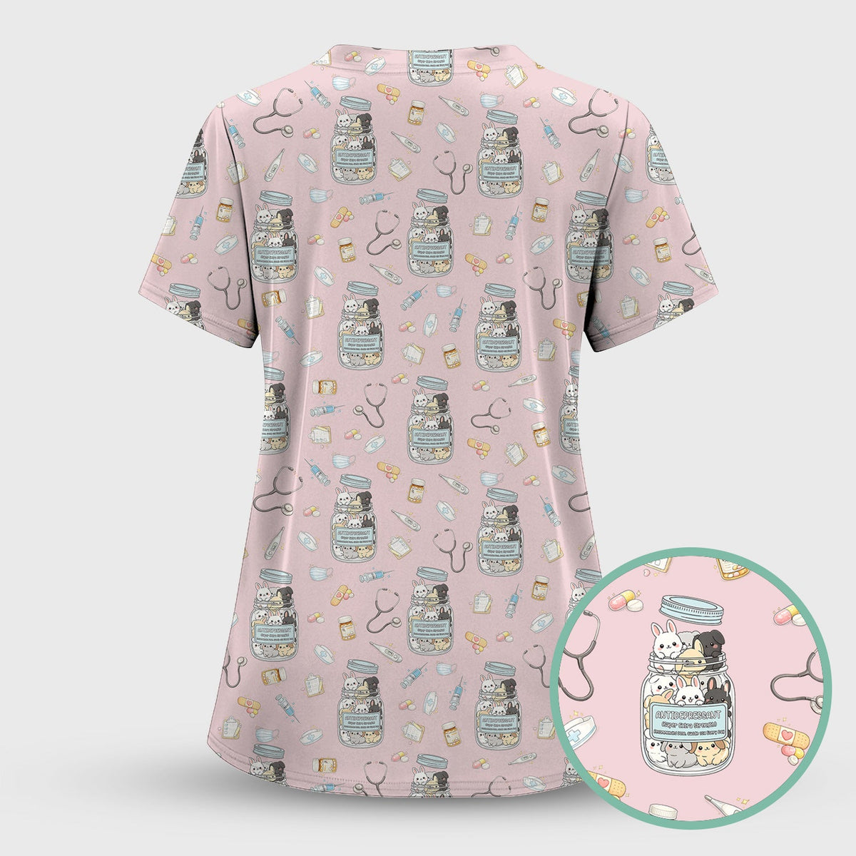 Whimsical Antidepressant Rabbit Jar Nurse Scrub Top