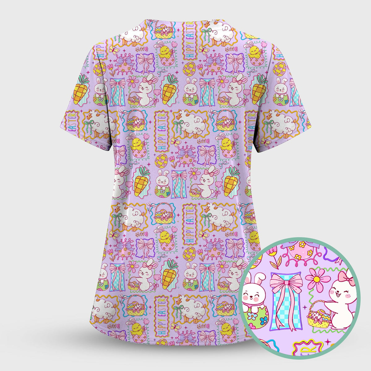 Cute Easter Bunny Egg and Bow Print Scrub Set, Scrub Pants and V Neck Top