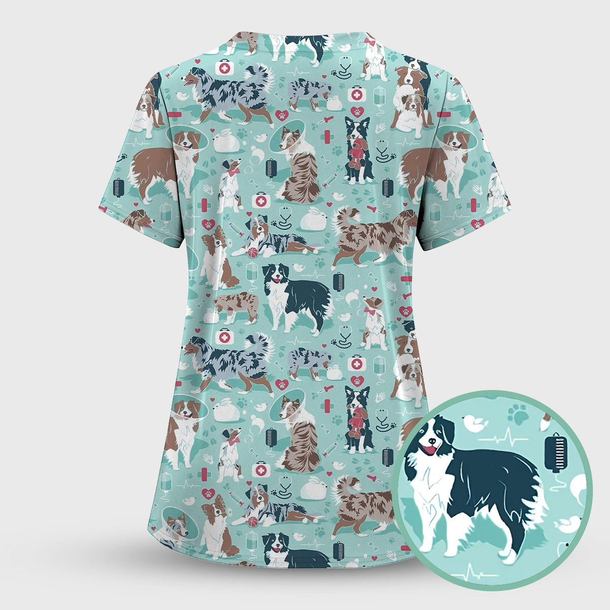 Cute Dog Pattern Women's Veterinary Scrub Set, Scrub Pants and V Neck Top