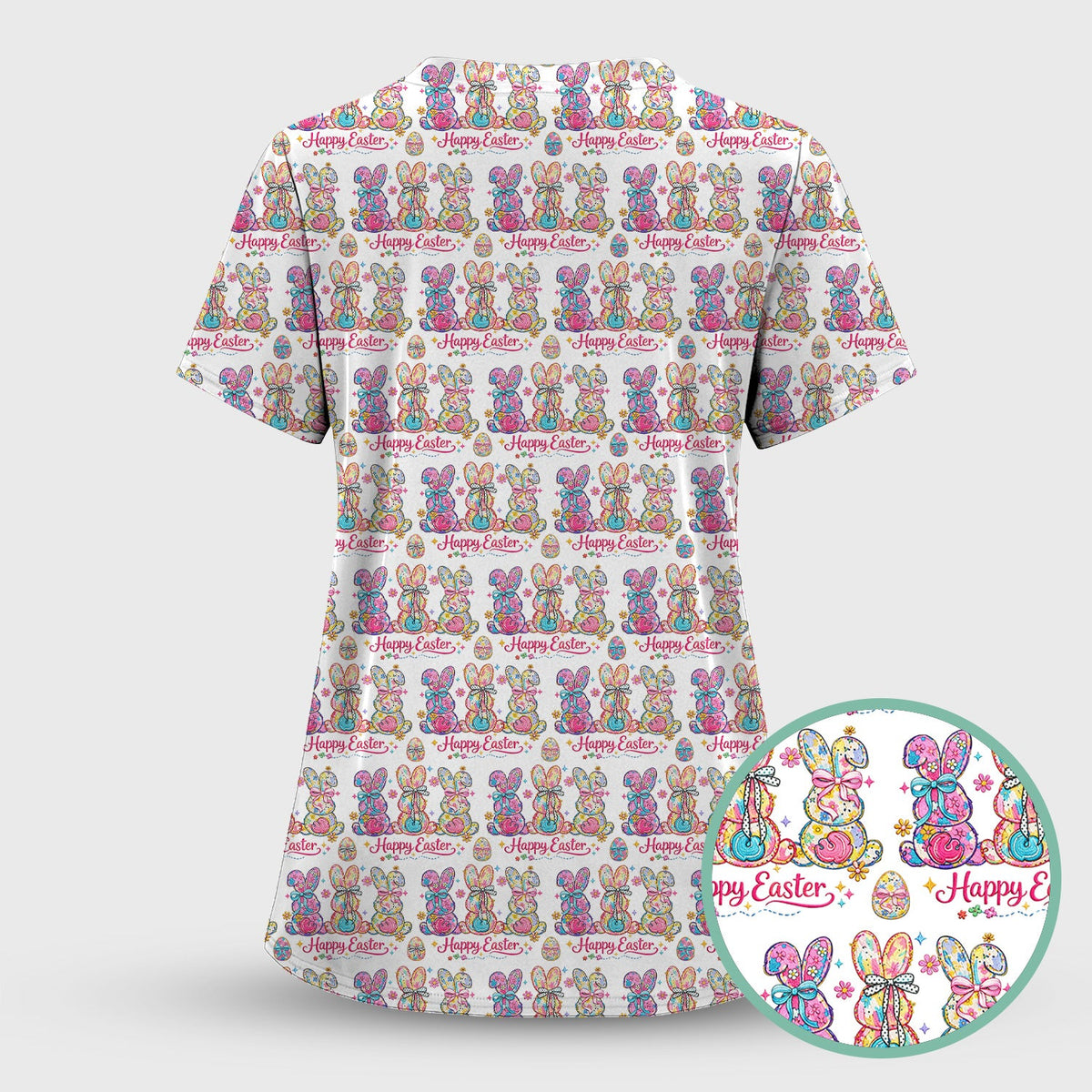 Pink Happy Easter Bunny Pattern Scrub Top, Comfortable Scrubs for Nurses