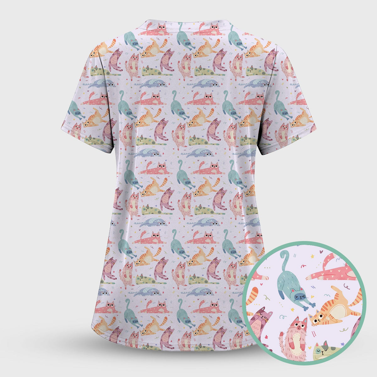 Funny Pastel Cat Pattern Medical Scrub Set, Breathable Fabrics Nursing Uniform