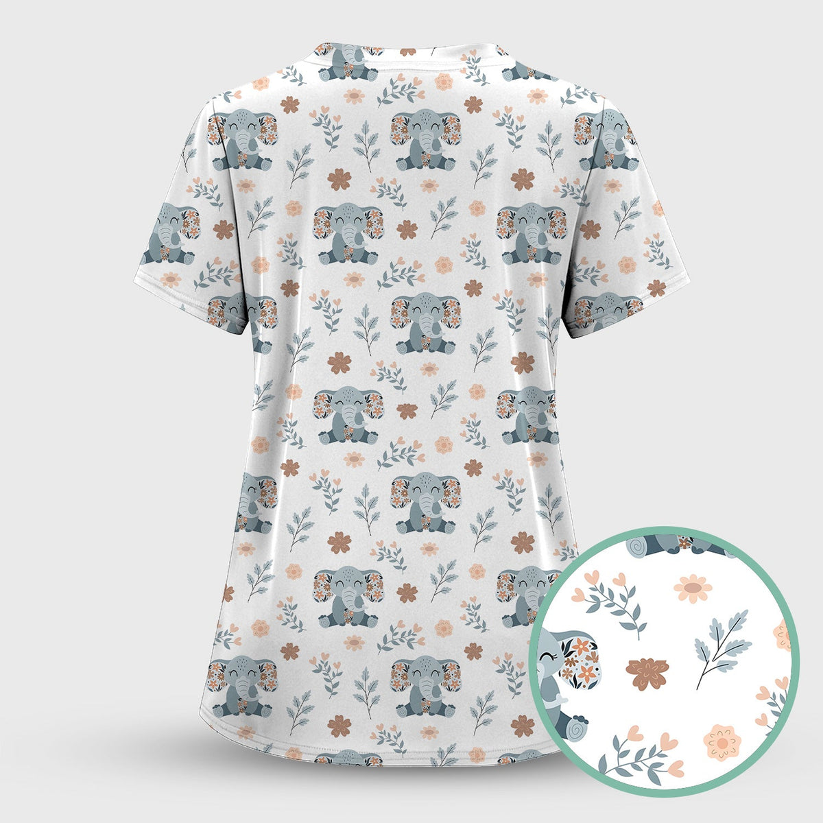 Cute Elephant Floral Print Scrub Top, Comfortable Scrubs for Nurses