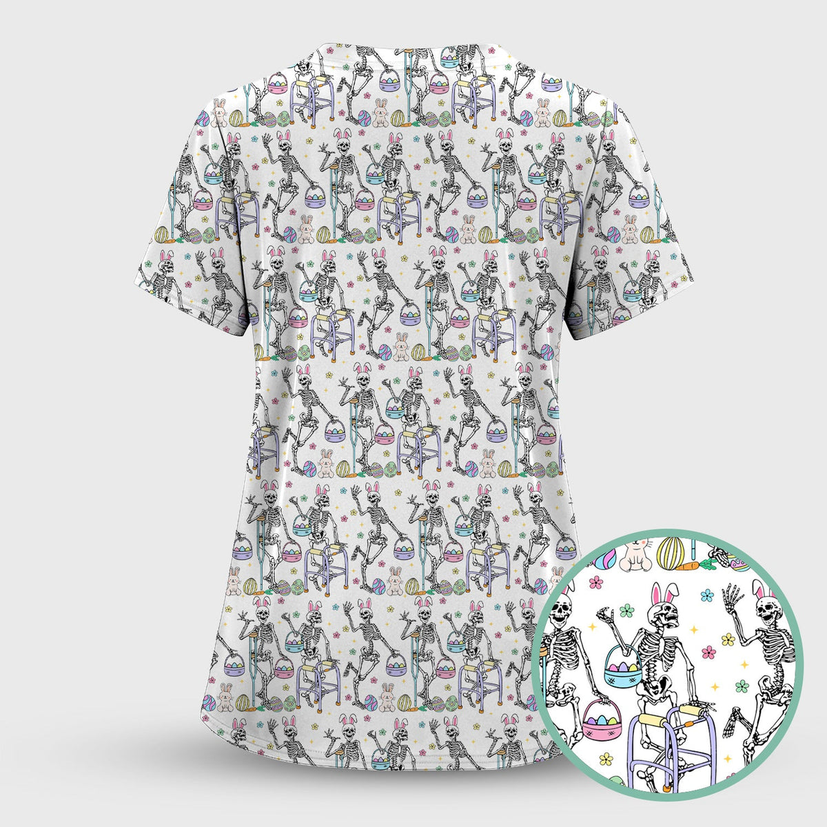 Fun Skeleton Bunny Nurse Scrub Top - Easter Gift