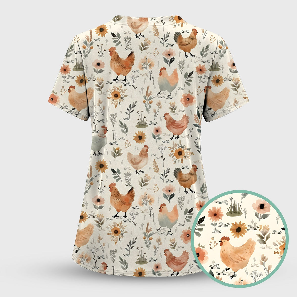 Charming Chicken Floral Farm Pattern Scrub Set, Scrub Pants and V Neck Top