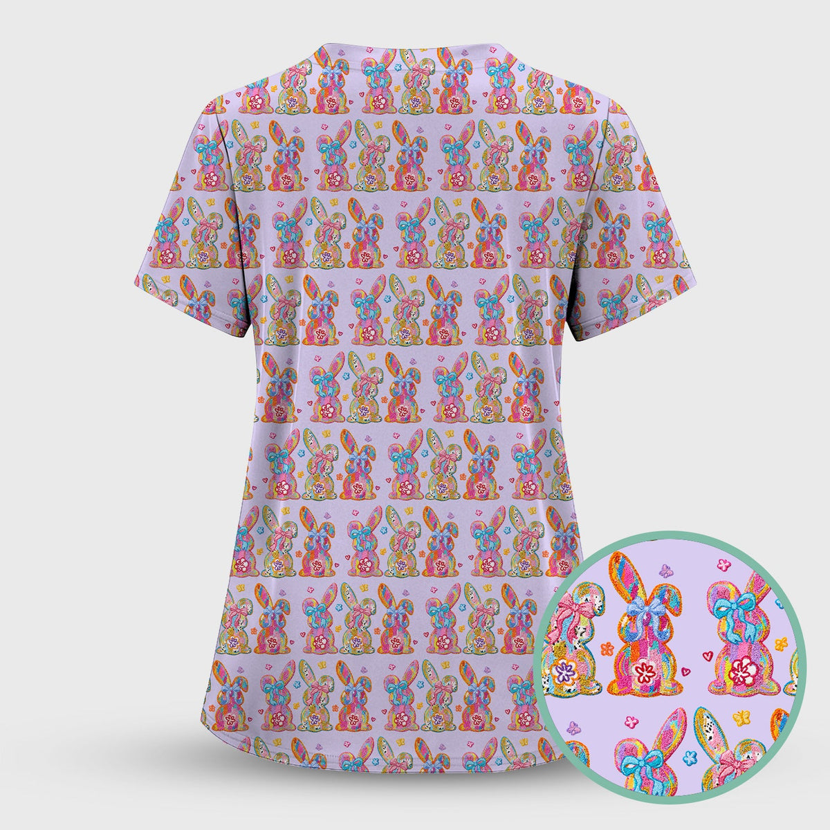 Cute Pastel Bunny Floral Pattern Scrub Top, Comfortable Scrubs for Nurses, Easter