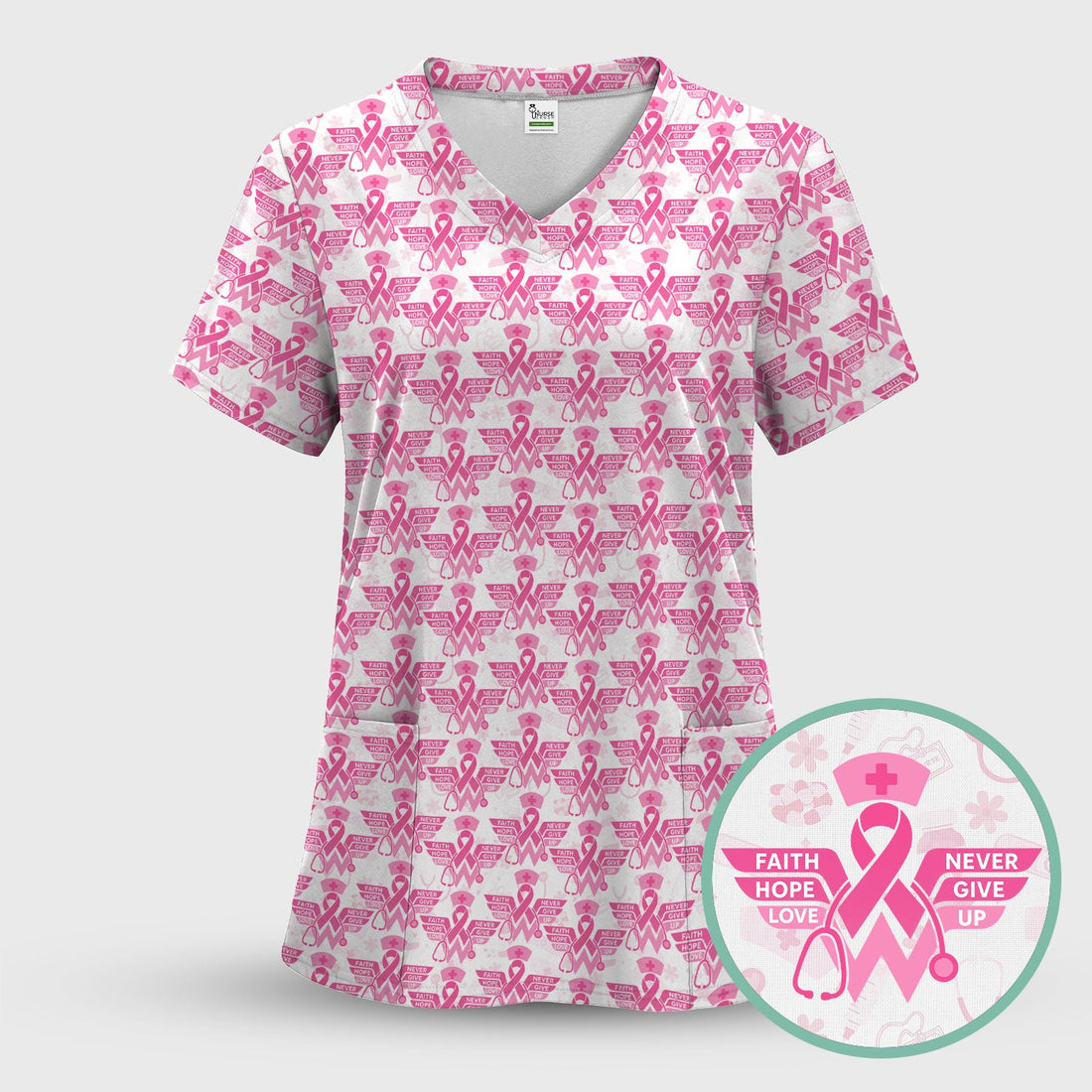 Breast Cancer Pink Ribbon Pocket Nurse Scrub Top