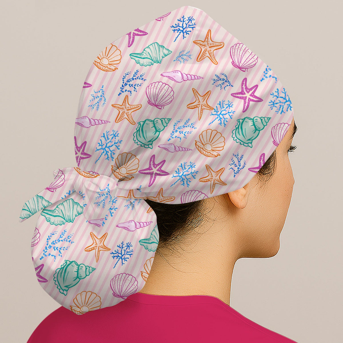 Colorful Seashell Starfish Ocean Stripe Scrub Cap
