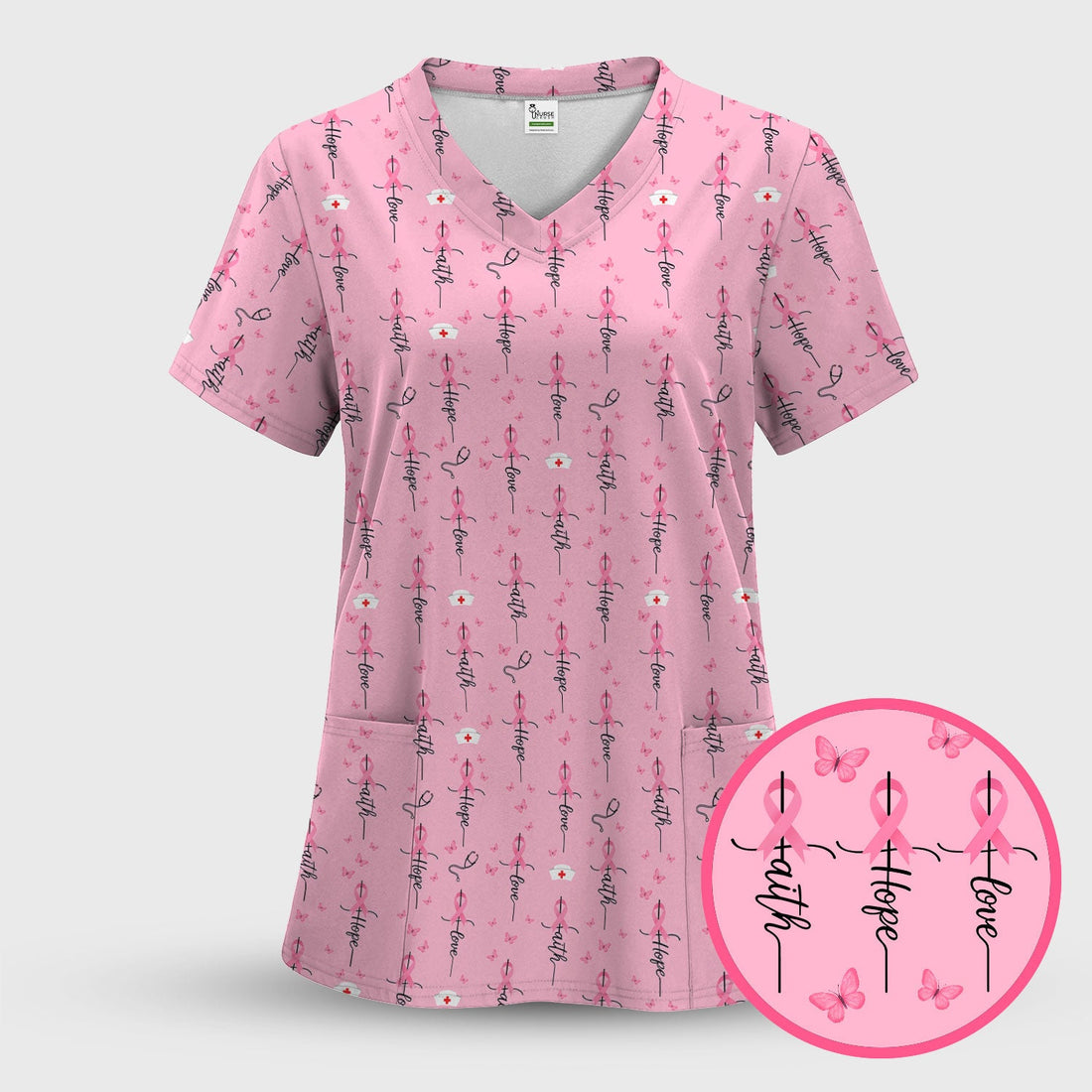 Breast Cancer Faith Hope Love Nurse Scrub Top