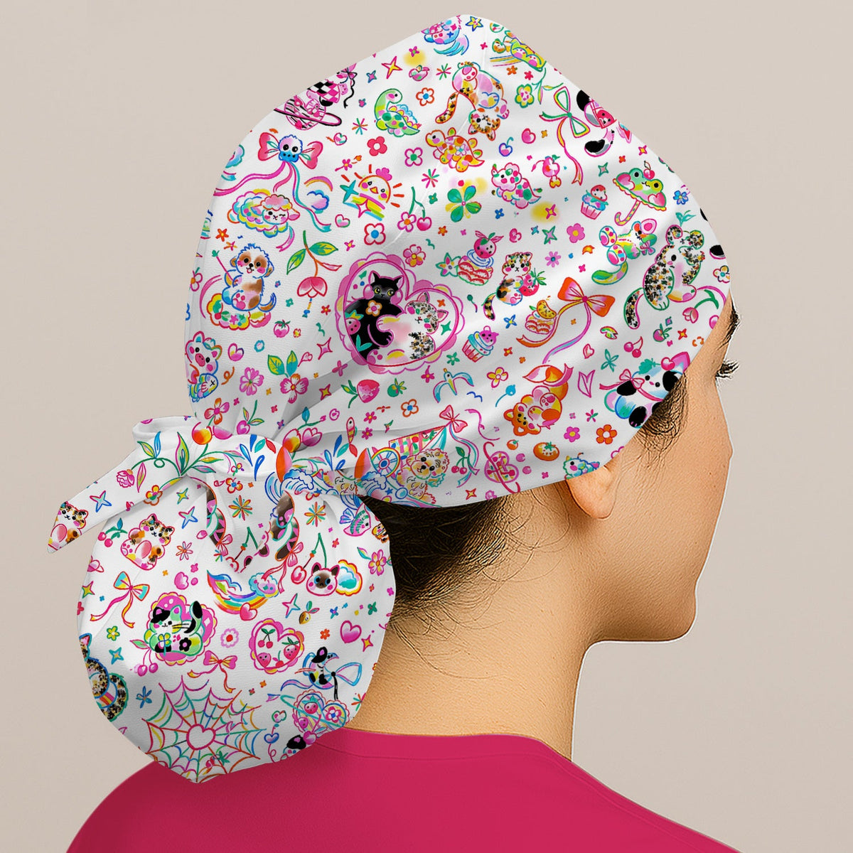 Colorful Kawaii Cat Heart Doodle Scrub Cap