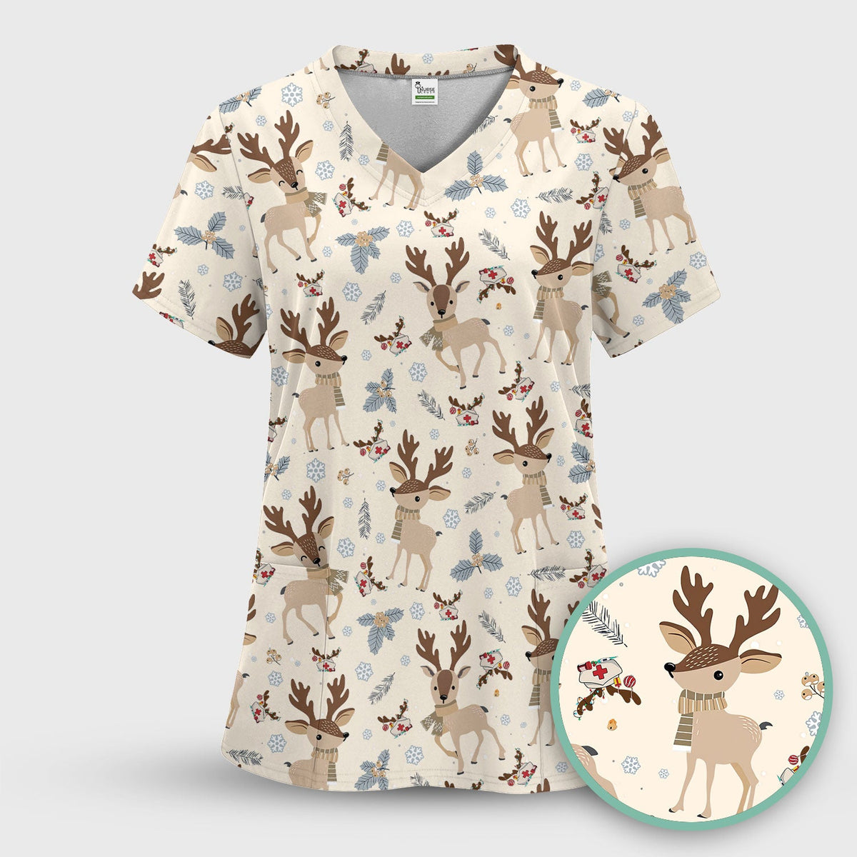 Reindeer Christmas Scrub Top - Cozy Beige Holiday Nurse Shirt with Cute Deer Pattern - Festive Medical Scrubs for Women RN CNA LPN