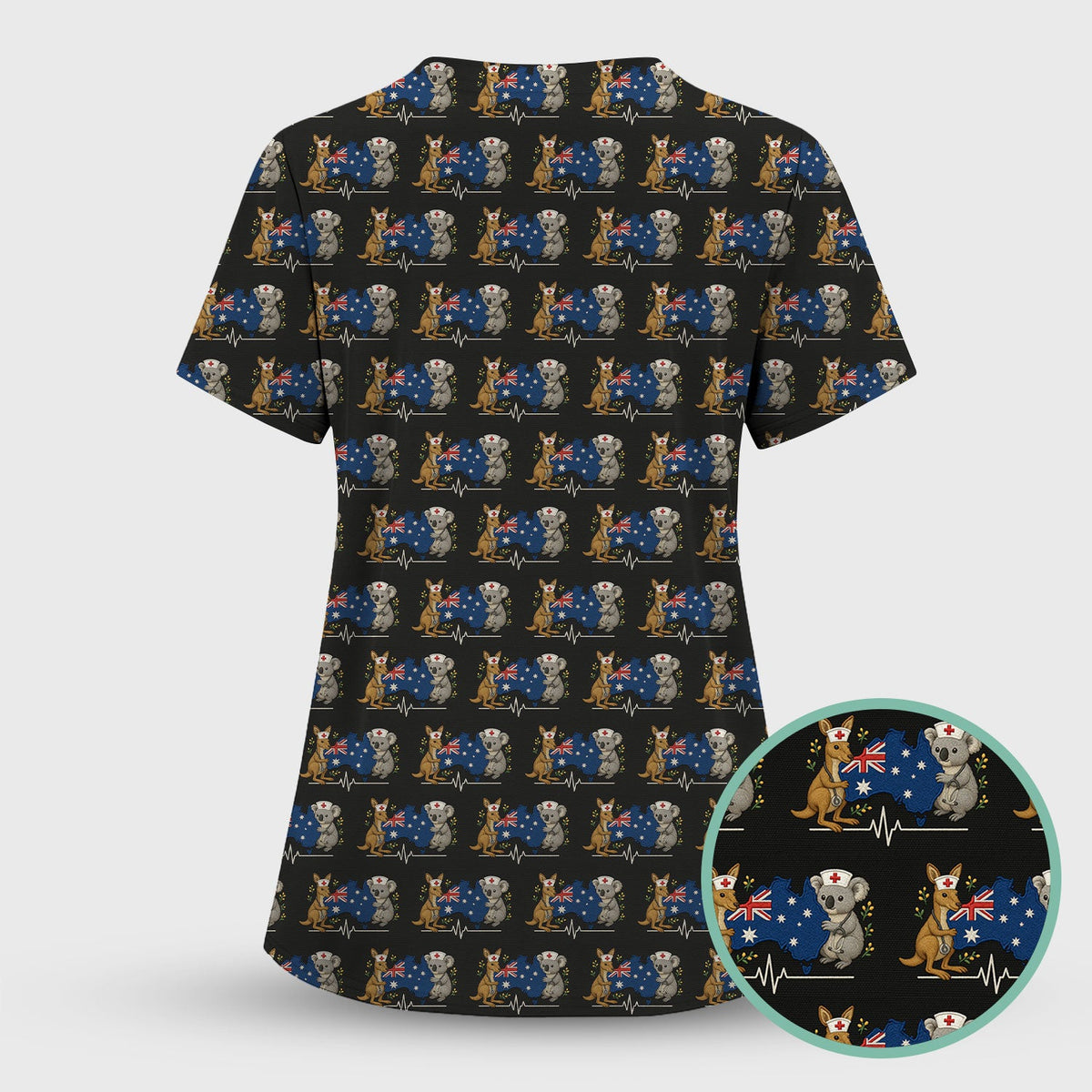 Australian Nurse Scrub Set, Cute Koala Kangaroo Heartbeat Pattern Shirt,  Breathable Fabrics Nursing Uniform