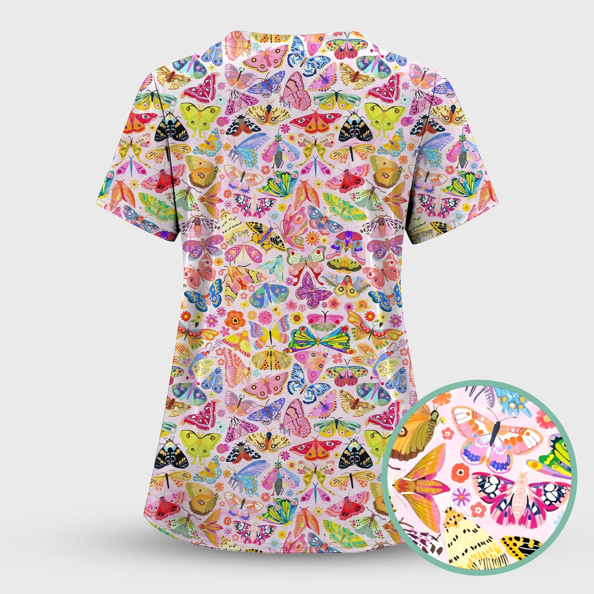 Cute Bright Butterfly Moth Floral Nurse Scrub Top