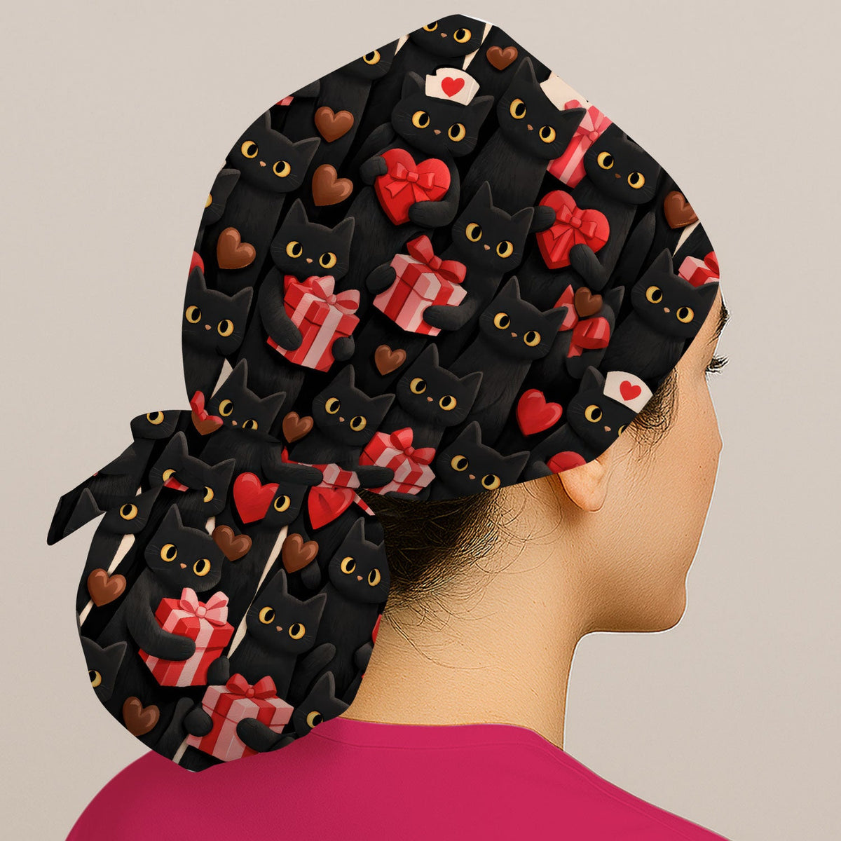 Black Cat Valentine Heart Scrub Cap