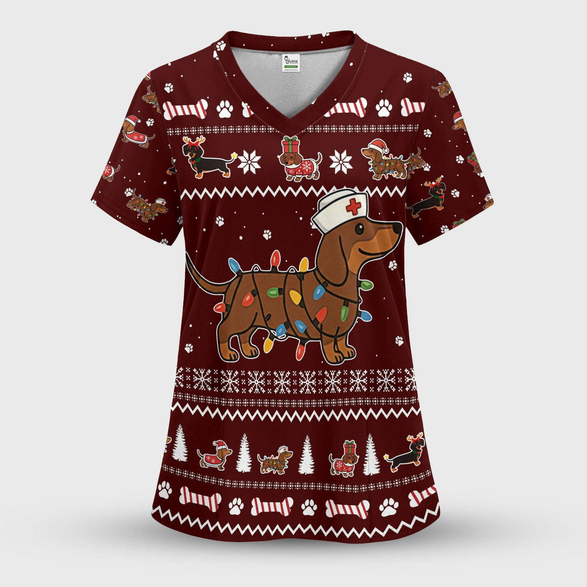 Christmas Dachshund Nurse Scrub Top for Women - Cute Sausage Dog Wearing Lights - Funny Holiday Medical Shirt Gift for RN CNA LPN