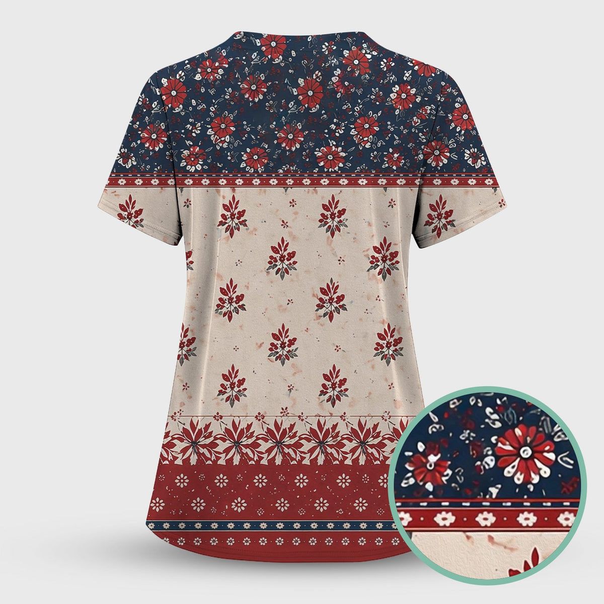 Vintage Floral Border Red Blue Nurse Scrub Set