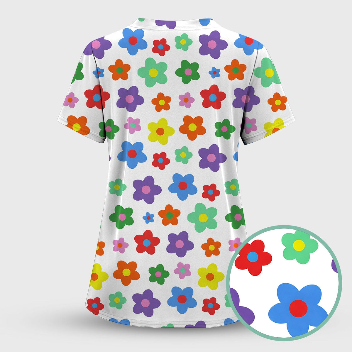 Colorful Retro Flower Nurse Scrub Top