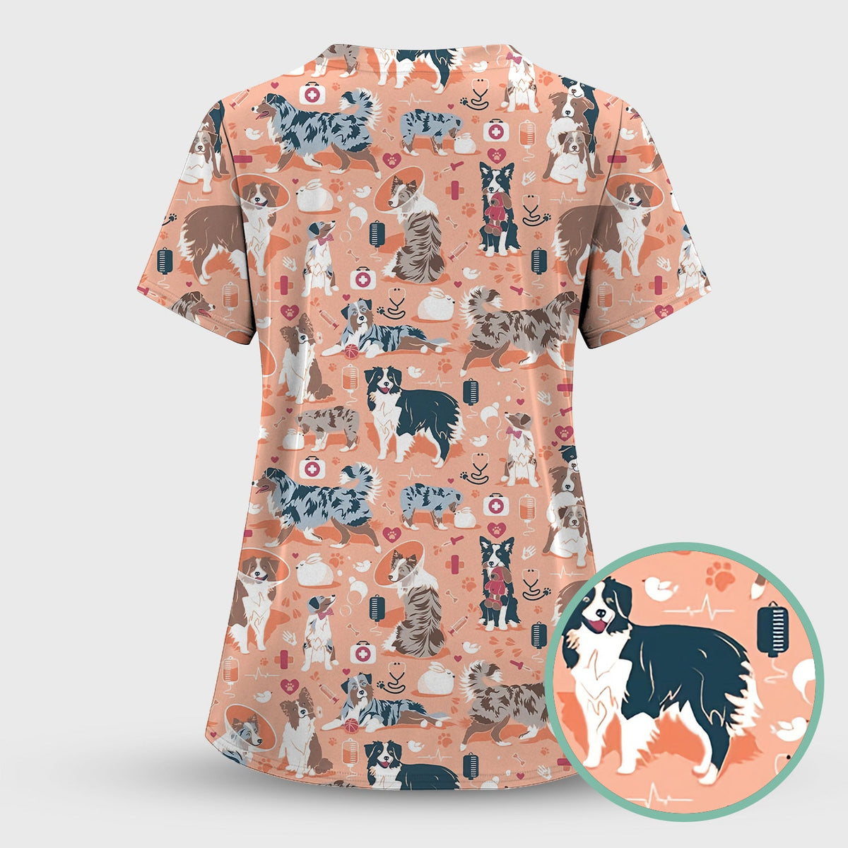 Cute Dog Pattern Women's Veterinary Scrub Set, Scrub Pants and V Neck Top