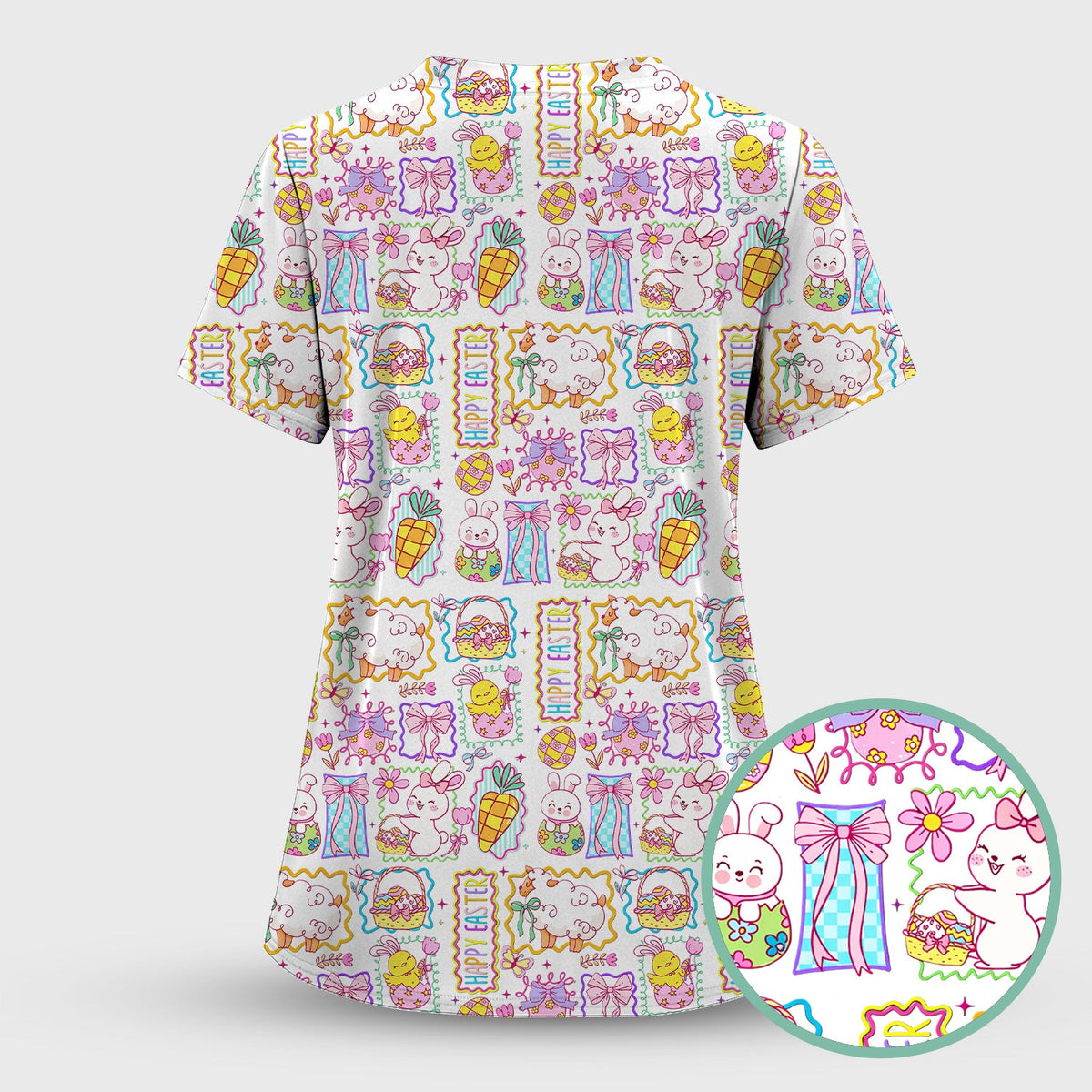 Cute Easter Bunny Egg and Bow Print Scrub Set, Scrub Pants and V Neck Top