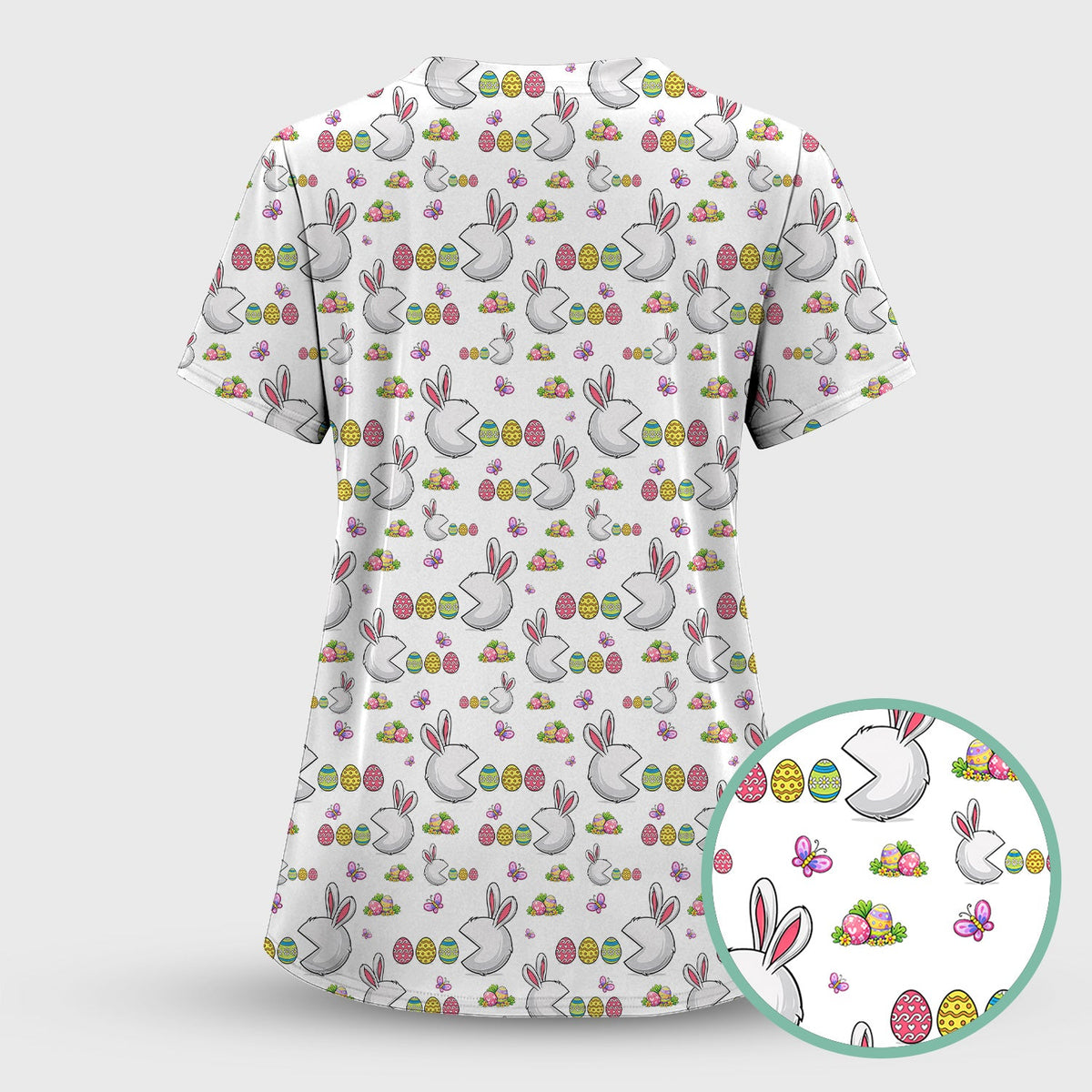 Easter Bunny and Colorful Eggs Print Scrub Top, Breathable Fabrics Nursing Uniform