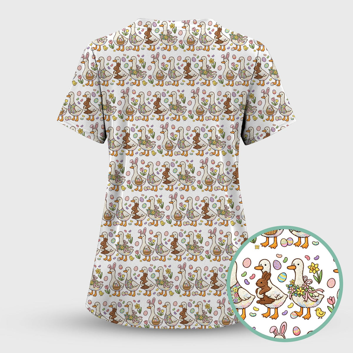 Duck Bunny Egg Floral Nurse Scrub Top - Easter Gift