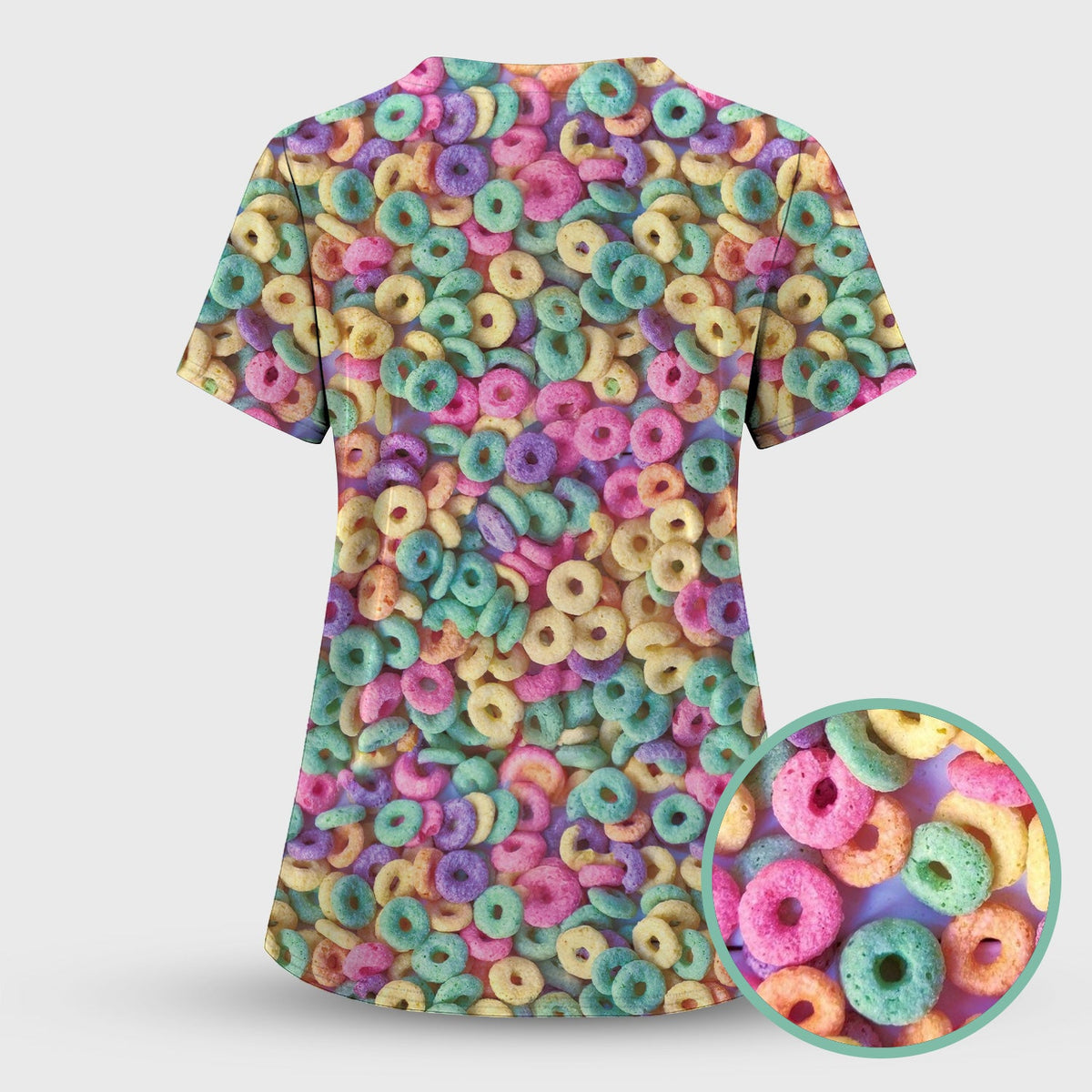 Colorful Cereal Loops Pattern Scrub Set, Scrub Pants and V Neck Top