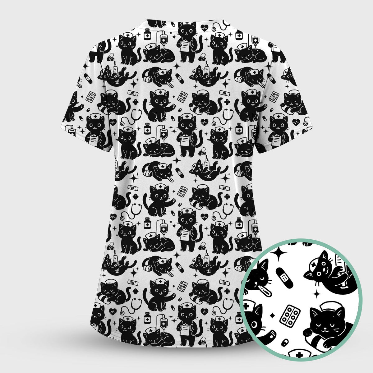 Cute White Black Cat Nurse Scrub Set