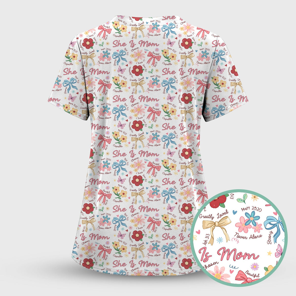 She Is Mom Floral Bow Nurse Scrub Top