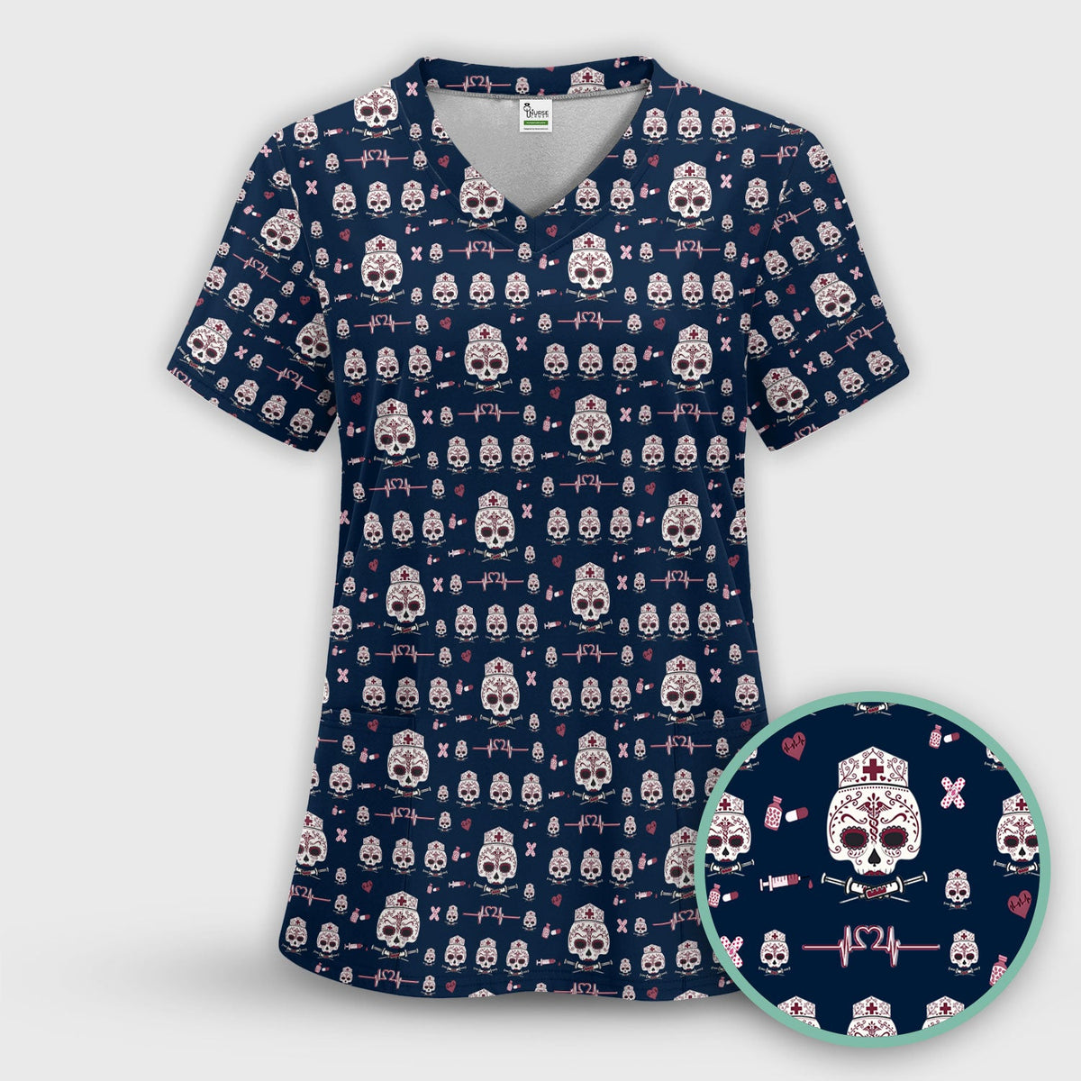 Sugar Skull Scrub Top, Skull Pattern Scrub Shirt, Breathable Fabrics Nursing Uniform