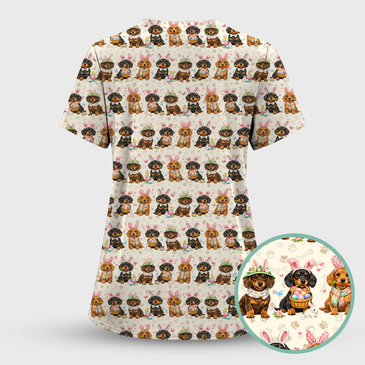 Cute Easter Dachshund Dog Bunny Print Scrub Top, Breathable Fabrics Nursing Uniform