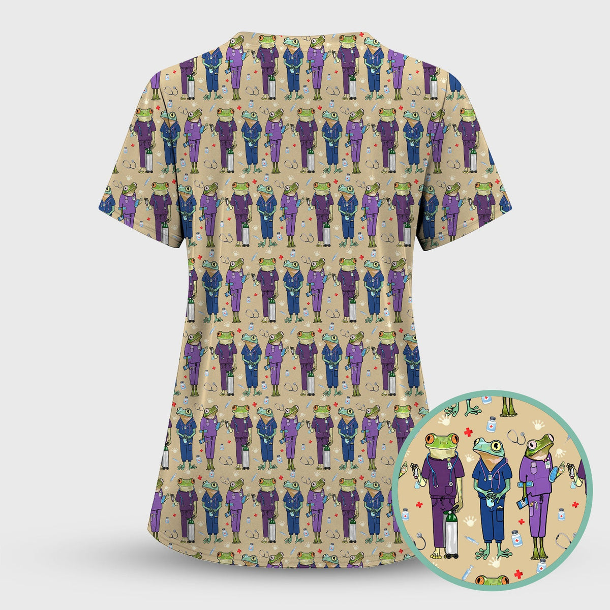 Funny Frog Nurse Pattern Scrub Set, Scrub Pants and V Neck Top