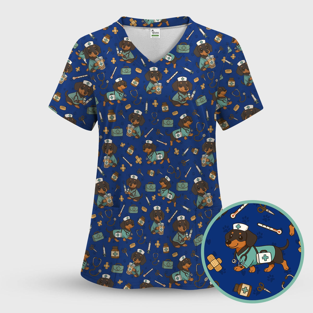 Cute Dachshund Nurse Scrub Top - Funny Dog Print Medical Shirt for Women & Men - Veterinary & Nurse Gift Idea, RN CNA Doctor Scrubs