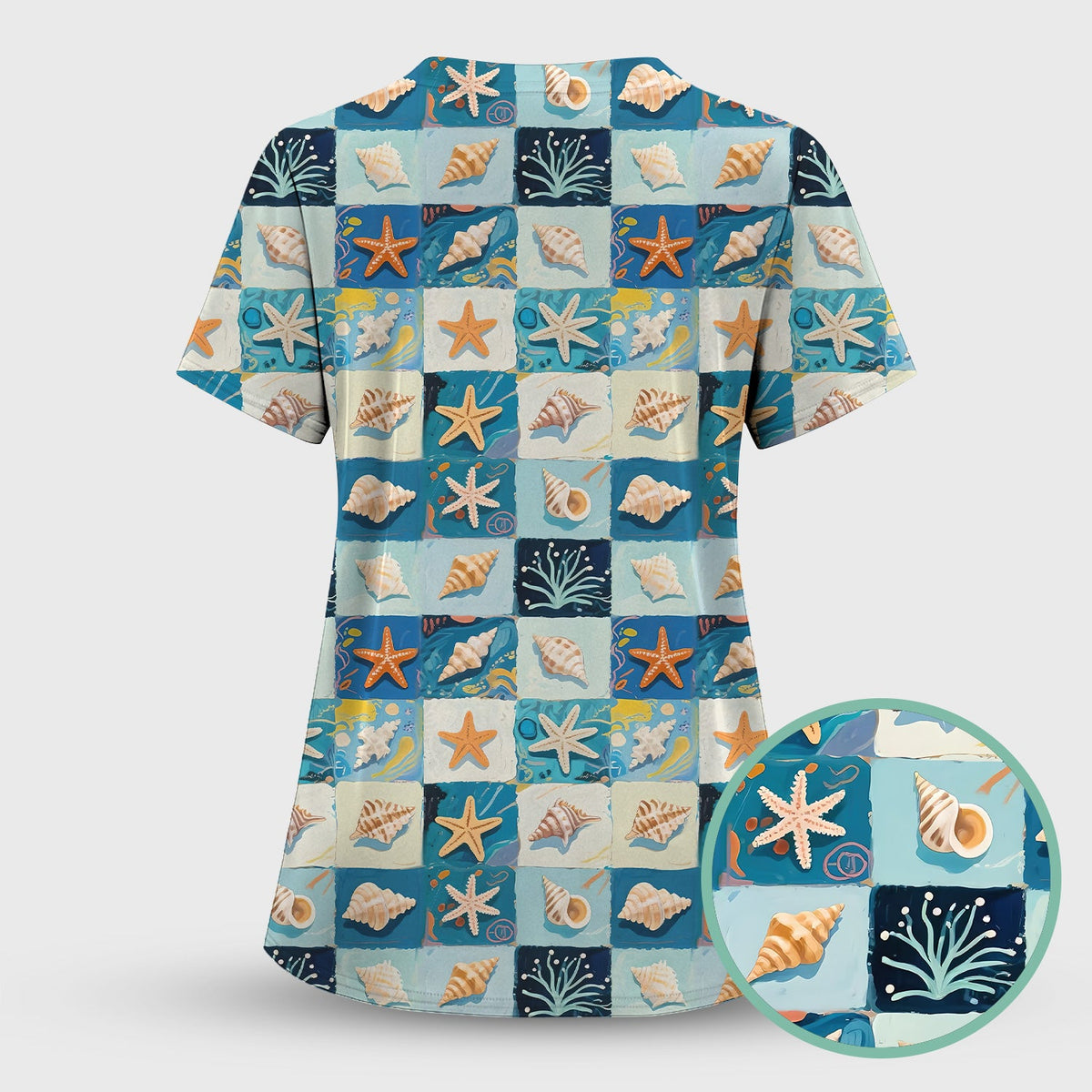 Seashell Starfish Ocean Tile Nurse Scrub Top