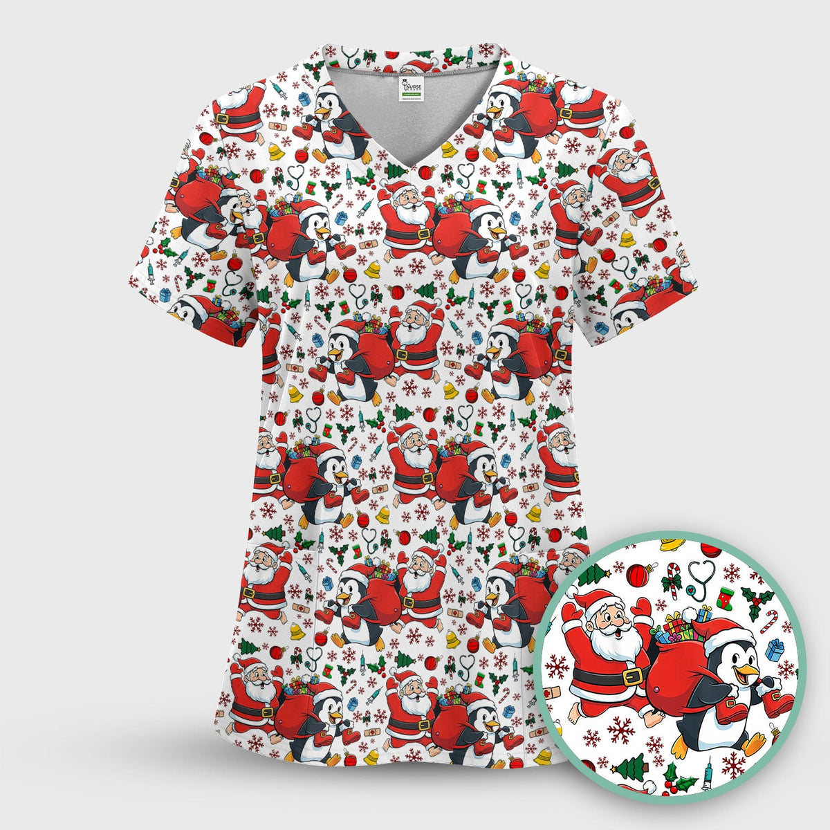 Penguin Santa Nurse Scrub Top - Christmas Gift