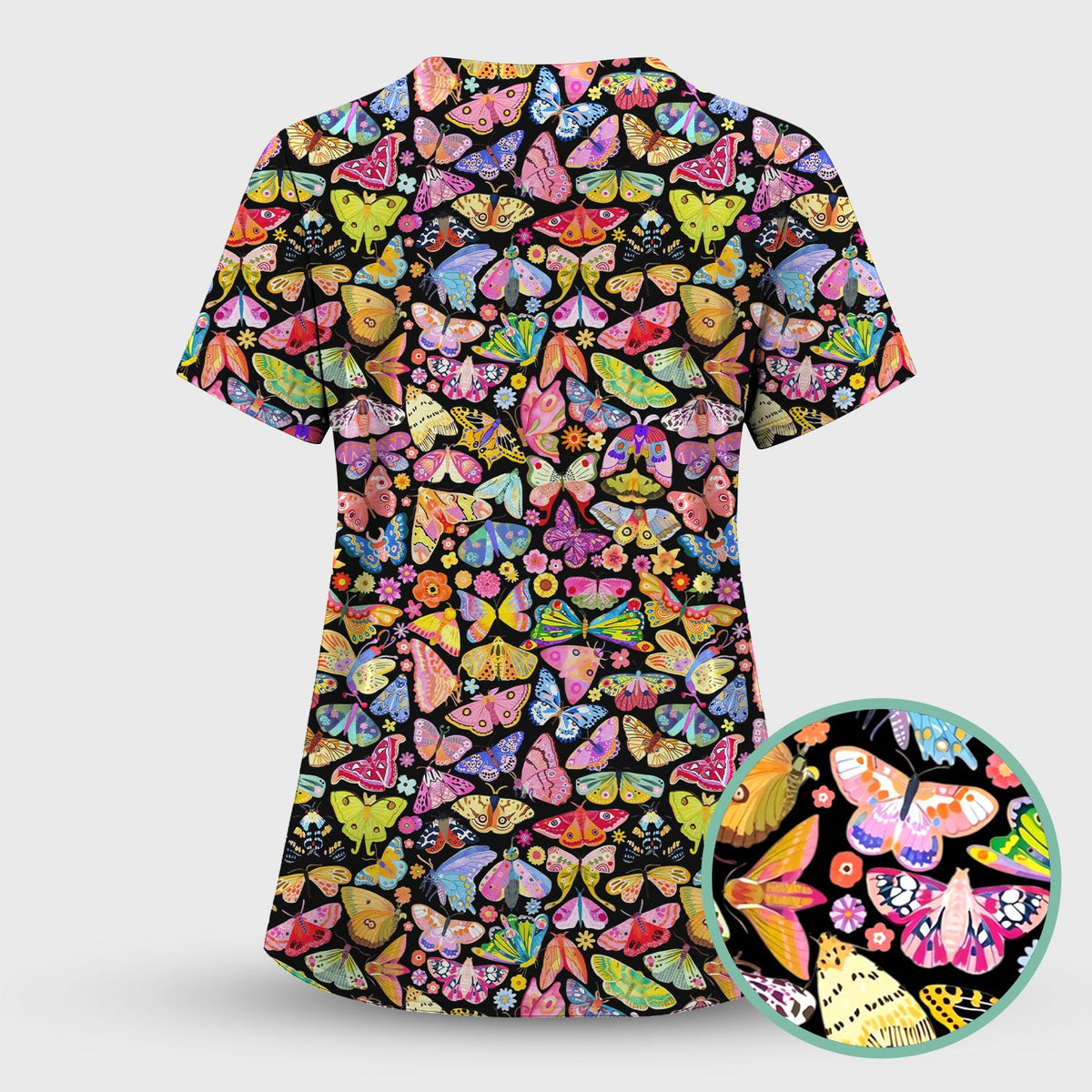 Cute Bright Butterfly Moth Floral Nurse Scrub Top