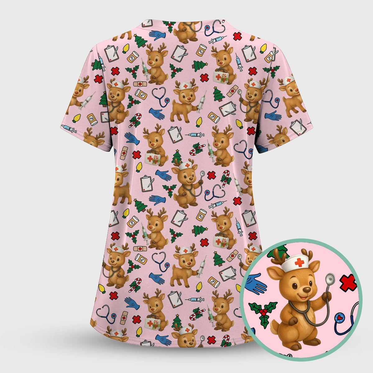 Christmas Scrub Tops and Pants - Reindeer Pattern Nurse Scrub Set - Cute Holiday Medical Print Scrubs for Women RN LPN CNA