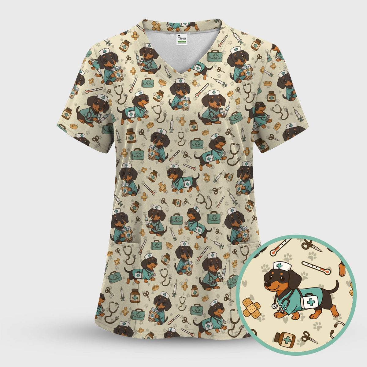 Funny Dachshund Nurse Scrubs Set - Cute Dog Print Medical Shirt - Holiday Nurse Scrub Top Gift for RN CNA Doctor, Women & Men