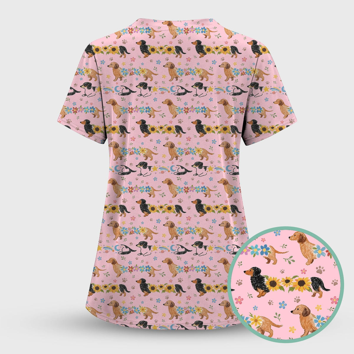 Floral Wiener Dog Nurse Scrub Top