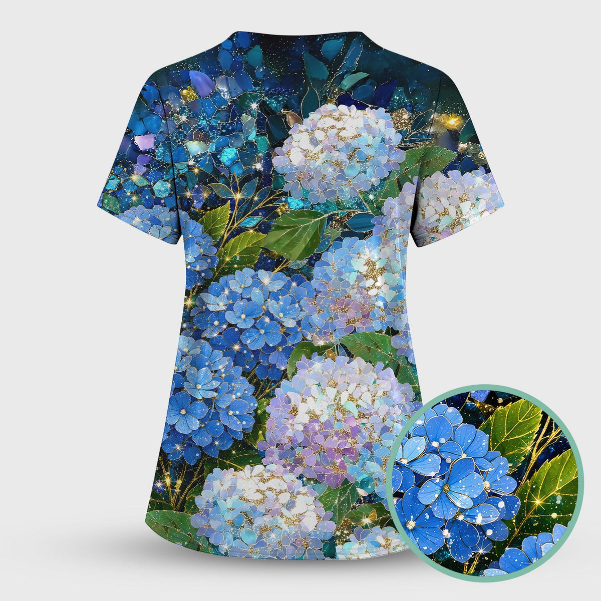 Blue Hydrangea Floral Nurse Scrub Top