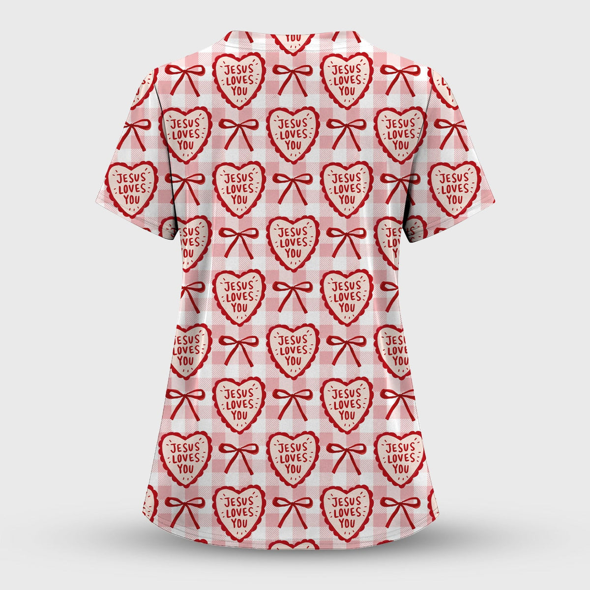 Jesus Loves You Heart Plaid Print Scrub Top, Breathable Fabrics Nursing Uniform