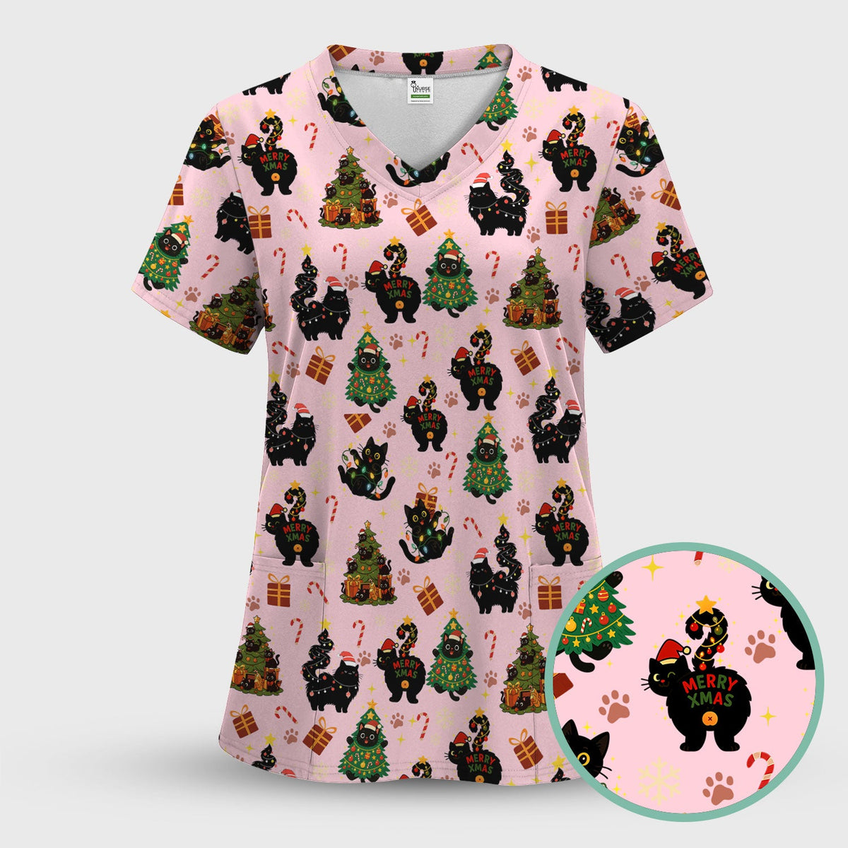 Christmas Cat Nurse Scrub Top - Funny Black Cat Print Medical Shirt for Women & Men - Cute Holiday Scrubs Gift for RN CNA Doctor