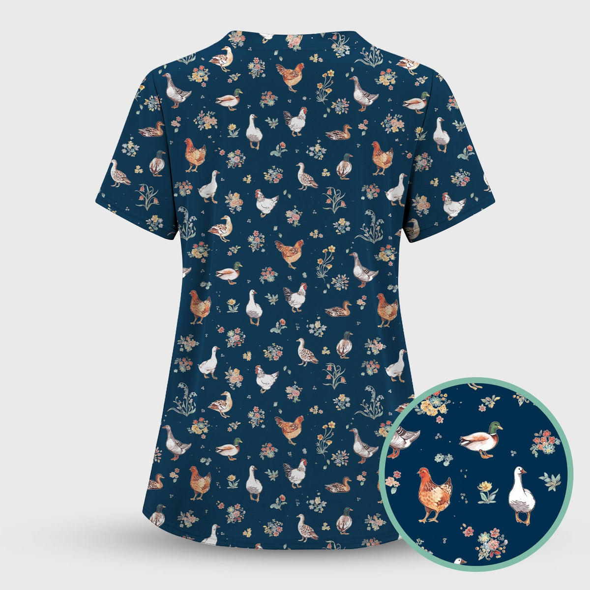Farm Chicken Duck Floral Pattern Scrubs Top, Comfortable Scrubs for Nurses