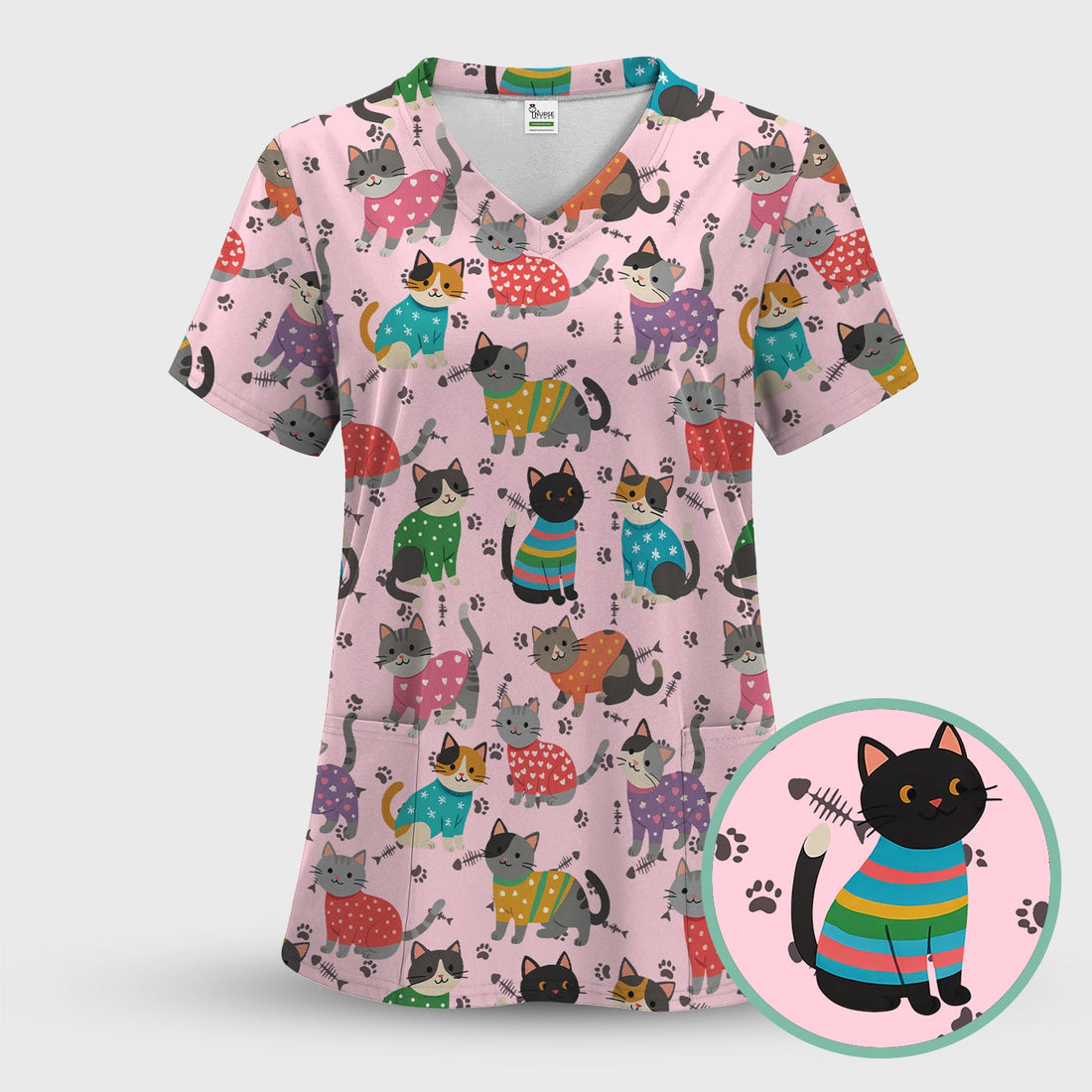 Colorful Kitty Cat Nurse Scrub Top