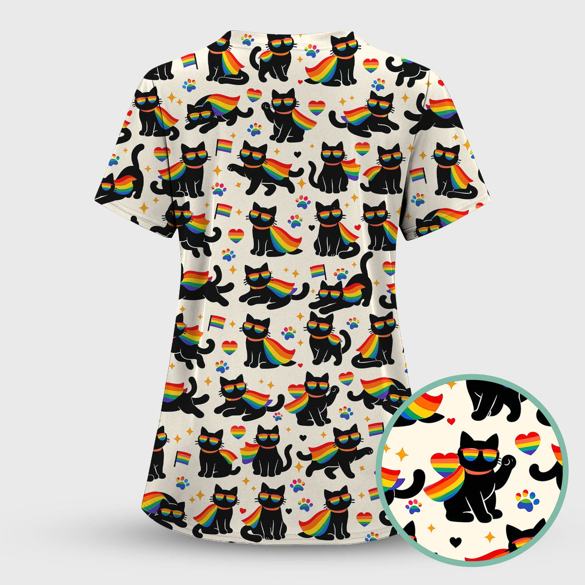 Rainbow Black Cat Pride Pattern Scrub Set, Breathable Med Uniform