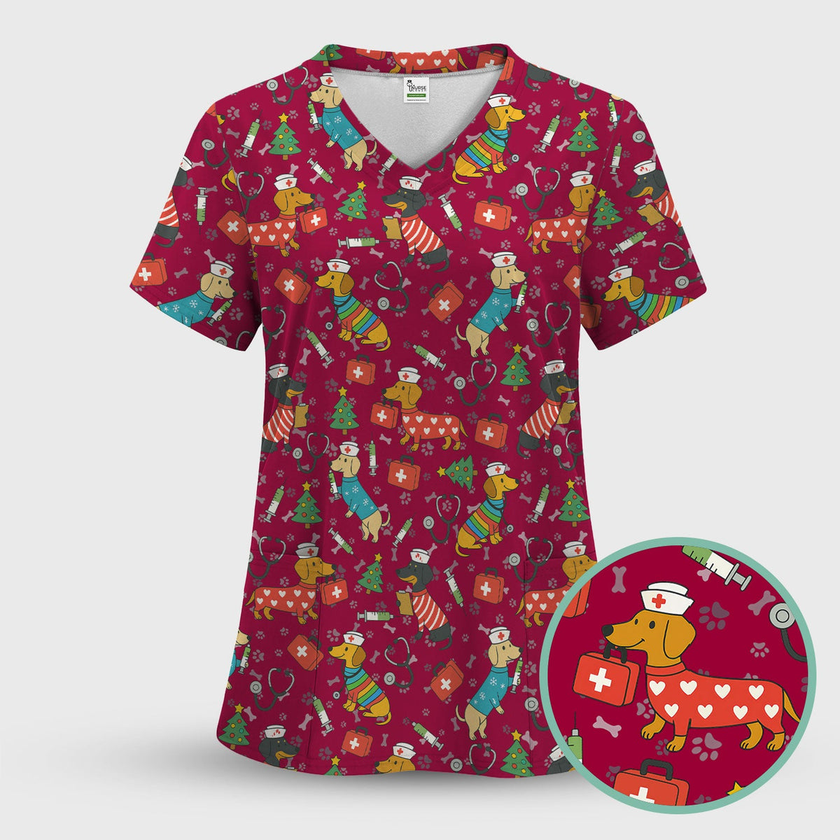 Christmas Dachshund Nurse Scrub Top