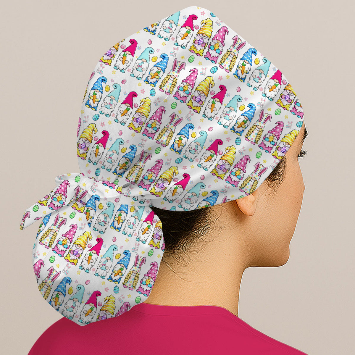 Colorful Easter Gnome Bunny Eggs Scrub Cap