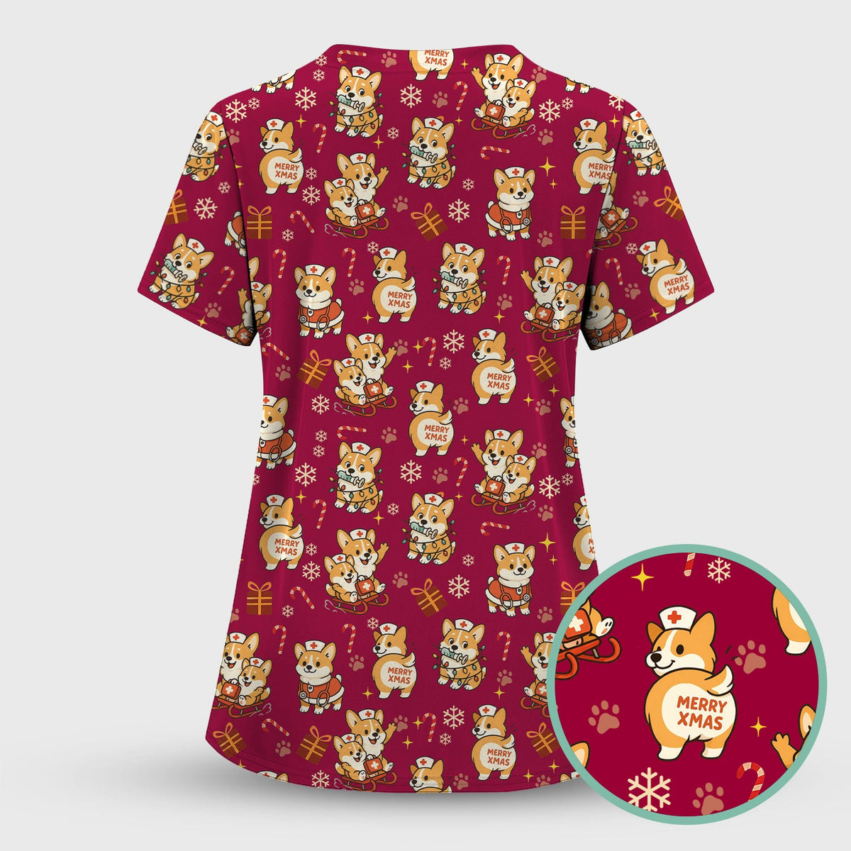 Cute Corgi Dog Scrubs for Christmas - Festive Puppy Pattern Medical Scrub Top - Holiday Christmas Scrubs with Charming Corgi Print