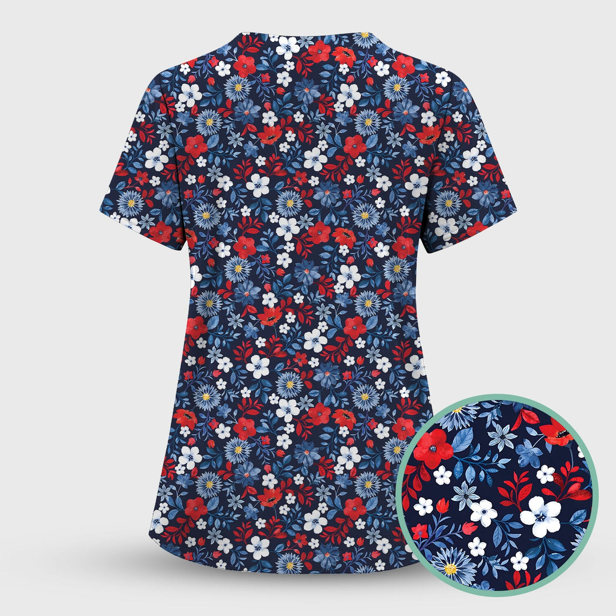 Classic Floral Print V Neck Scrub Top for Nurses, Blue Red Medical Uniform